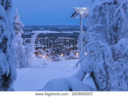 Beautiful Evening Panorama Landscape View On Levi Ski Resort In Laplandia, Finland, With Ski Lift, V