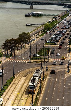 Editorial, Bank Of River Danube  With Trams In Budapest, Hungary