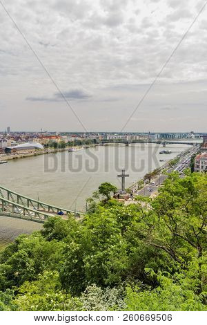 Stone Cross On Gellert Hill With The River Danube, Budapest, Hungary