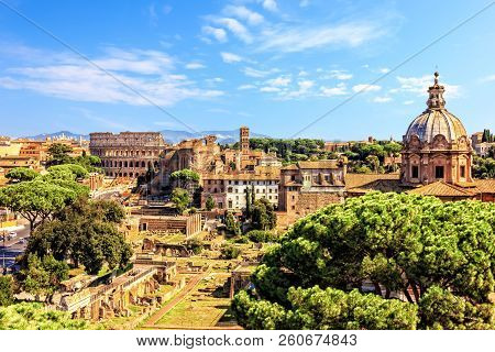 View On The Coliseum, The Santi Luca E Martina And The Imperial Fora From Vittoriano In Rome