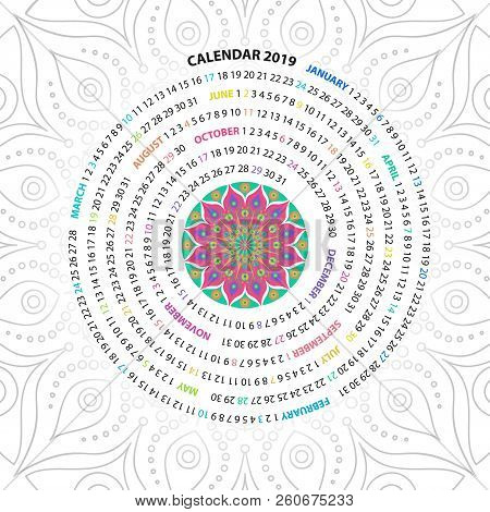 Archimedean Spiral Calendar For 2019 Year. With Round Mandala Floral Pattern. Vintage Style Template