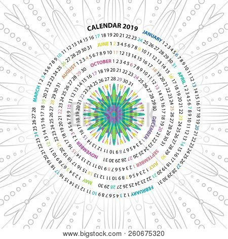 Archimedean Spiral Calendar For 2019 Year. With Round Mandala Floral Pattern. Vintage Style Template