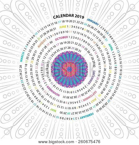 Archimedean Spiral Calendar For 2019 Year. With Round Mandala Floral Pattern. Vintage Style Template