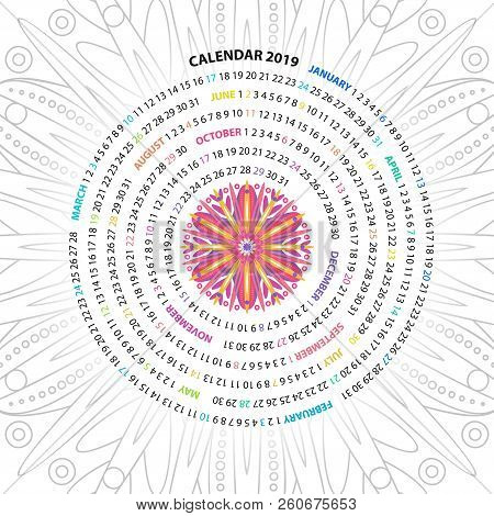 Archimedean Spiral Calendar For 2019 Year. With Round Mandala Floral Pattern. Vintage Style Template