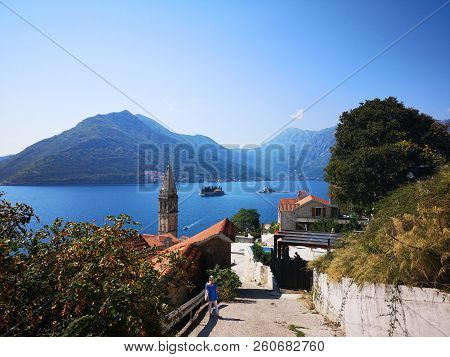 Beautiful Blue Sea And Mountain View From Hilltop In Parest Montenegro