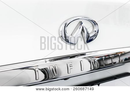 Sankt-petersburg, Russia, September 22, 2018: Infiniti Metallic Logo Closeup On The Infiniti Car Dis