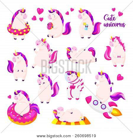 Set Of Funny Cartoon Magic Unicorns. Patch, Badge Sticker. Collection Of Icons, Pattern For Clothes,