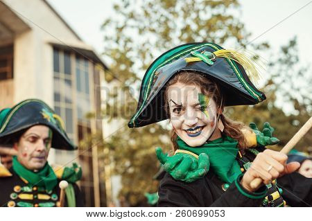 Tirana, Albania - September 2018: Aerial Gymnasts During Drums Performance Mobile Homme Over The Cit