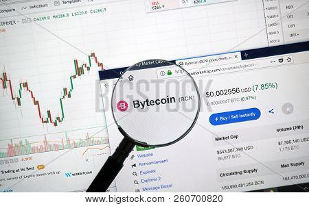 Montreal, Canada - September 8, 2018: Bytecoin Altcoin Site Under Magnifying Glass. Blockchain Is A 