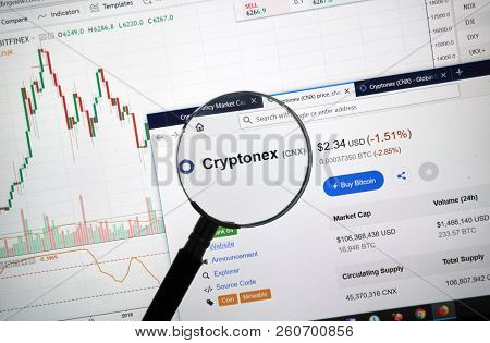 Montreal, Canada - September 8, 2018: Cryptonex Altcoin Site Under Magnifying Glass. Blockchain Is A