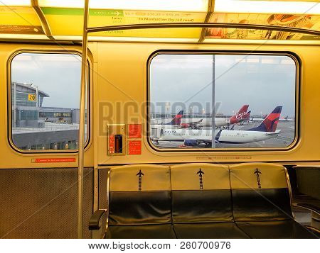 New York, Ny, Usa - September 6, 2018: Inside Of Airtrain Riding Along Airport Terminals In Jfk, Joh