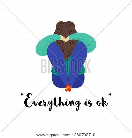 Vector Cartoon Flat Illustration Of Depression. Sad Girl.