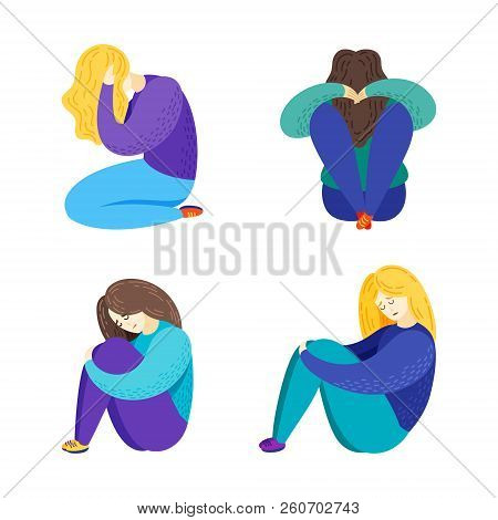 Vector Cartoon Flat Illustration Of Depression. Sad Girls