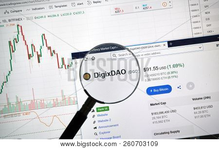 Montreal, Canada - September 8, 2018: Digixdao Altcoin Site Under Magnifying Glass. Blockchain Is A 