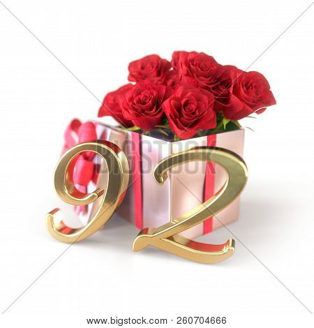 Birthday Concept With Red Roses In Gift Isolated On White Background. Ninety-second. 92nd. 3d Render