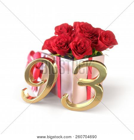 Birthday Concept With Red Roses In Gift Isolated On White Background. Ninety-third. 93rd. 3d Render