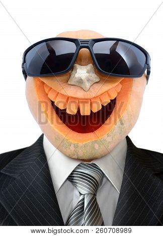 Portrait Of Jack Lantern  From Pumpkin In Black Business Suit. Pumpkin For Halloween Carved In The S