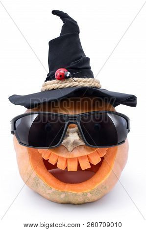 Pumpkin For Halloween Carved In The Shape Of A Smile. Jack Lantern Head Carved  From Pumpkin For Hal
