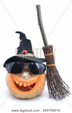 Pumpkin For Halloween Carved In The Shape Of A Smile. Jack Lantern Head Carved  From Pumpkin For Hal