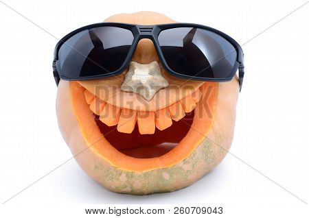 Pumpkin For Halloween Carved In The Shape Of A Smile. Jack Lantern Head Carved  From Pumpkin For Hal