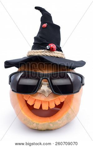 Pumpkin For Halloween Carved In The Shape Of A Smile. Jack Lantern Head Carved  From Pumpkin For Hal