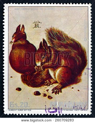 Paraguay - Circa 1978: A Stamp Printed In Paraguay Shows Squirrels And Acorn, Detail From Painting B