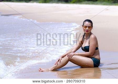 Woman Face And Hat Sunglasses Outdoor At Bang Beot Beach, Chumphon Province Thailand