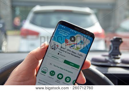 Montreal, Canada - August 8, 2018: Google Waze Gps Navigation App On S8 Screen In A Hand.