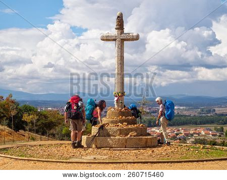 Pilgrims At The Stone Cross Commemorating The 5th Century Bishop Toribio - Astorga, Castile And Leon