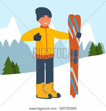 Cartoon Sportsman Skier Against The Background Of Snow-capped Mountains. The Concept Of Sport And Co