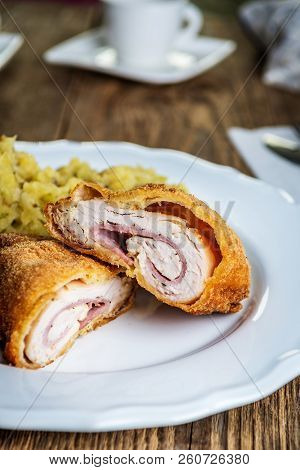 Traditional French Cuisine Chicken Roll Cordon Bleu Or Gordon Blue With Cheese, Ham And Mashed Potat