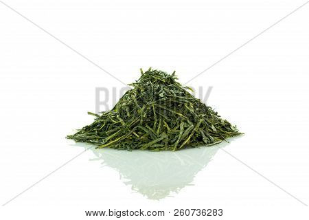 Heap Of Green Sencha Tea Isolated On White Background With Reflections On The Ground
