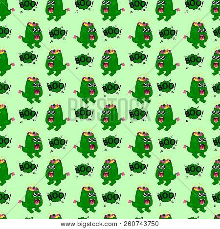 Abstract Seamless Monster Pattern For Girls Or Boys. Creative Vector Pattern With Toothed Monster Wi