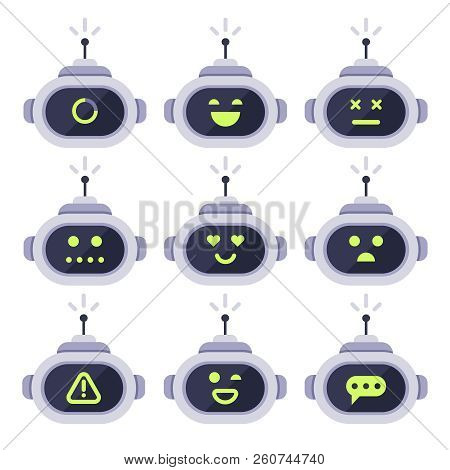 Chatbot Avatar. Computer Chat Bots, Android Robot Facial Expressions And Robotic Cyborg Head. Robots