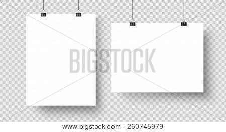 White Blank Posters Hanging On Binders. A4 Paper Page, Sheet On Wall. Vector Mockup