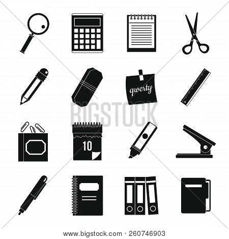 Stationery Symbols Icons Set. Simple Illustration Of 16 Stationery Symbols Icons For Web