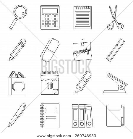 Stationery Symbols Icons Set. Outline Illustration Of 16 Stationery Symbols Icons For Web
