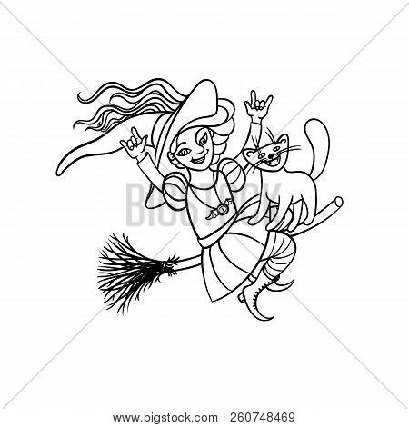 Vector Happy Girl Witch On Broom With Cat. Charmer In Pointed Hat Flying Halloween. Black White Sket