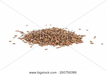 Lot Of Whole Fresh Brown Flaxseeds Heap Isolated On White Background