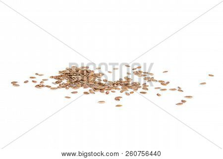 Lot Of Whole Fresh Brown Flaxseeds Isolated On White Background