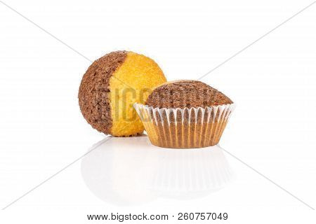 Group Of Two Whole Fresh Baked Marble Muffin Isolated On White Background