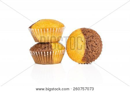 Group Of Three Whole Fresh Baked Marble Muffin Isolated On White Background