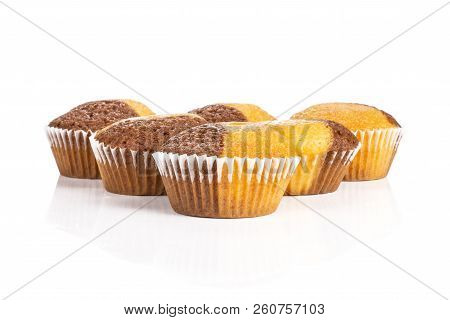 Group Of Six Whole Fresh Baked Marble Muffin Isolated On White Background