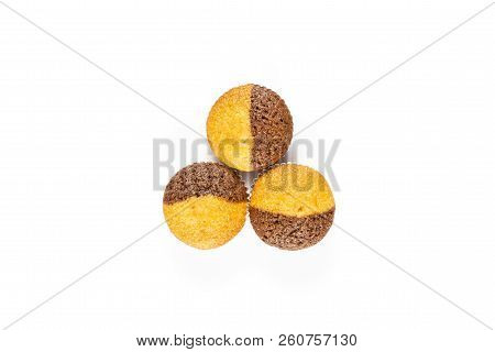 Group Of Three Whole Fresh Baked Marble Muffin Flatlay Isolated On White Background