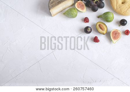 Flat Lay Italian Aperitivo Wine Appetizer Fig Prosciutto Grape Plum Cheese Focaccia Grissini Raspber