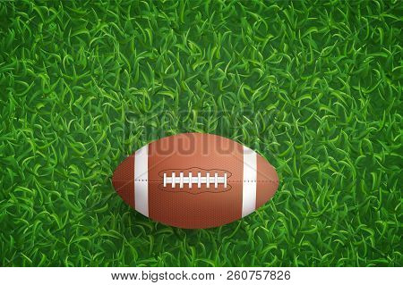 American Football Ball On Green Grass Texture Background. Vector Illustration.