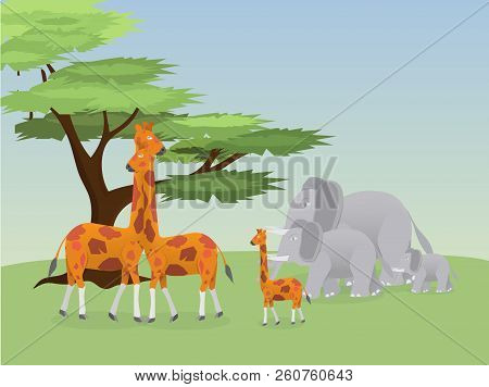 Giraffes And Elephants Animal In Forest With Green Landscape, Saving Energy For Wildlife, Nature And