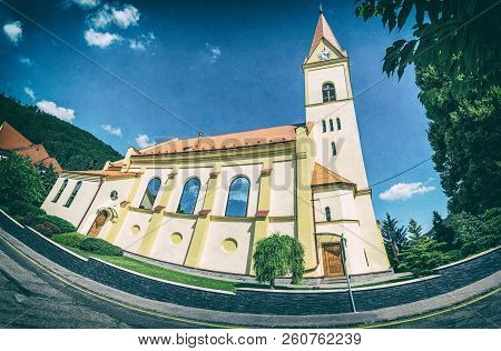Church Of St. Stephen In Trencianske Teplice, Slovak Republic. Panoramic Photo. Religious Architectu