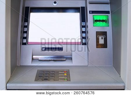 Outdoor Atm Cash Machine. Withdraw Money From Atm Machine. Bankomat At Street.