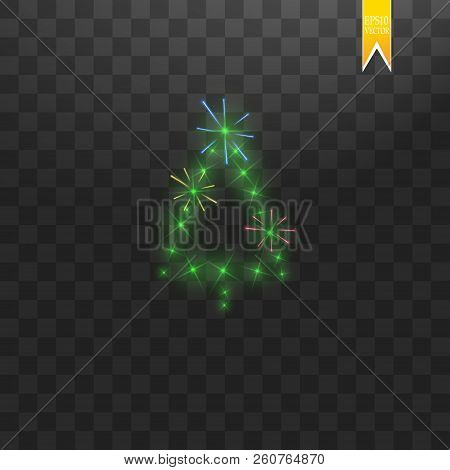 Christmas Tree Made. Green Glitter Bokeh Lights And Sparkles. Shining Star, Sun Particles And Sparks